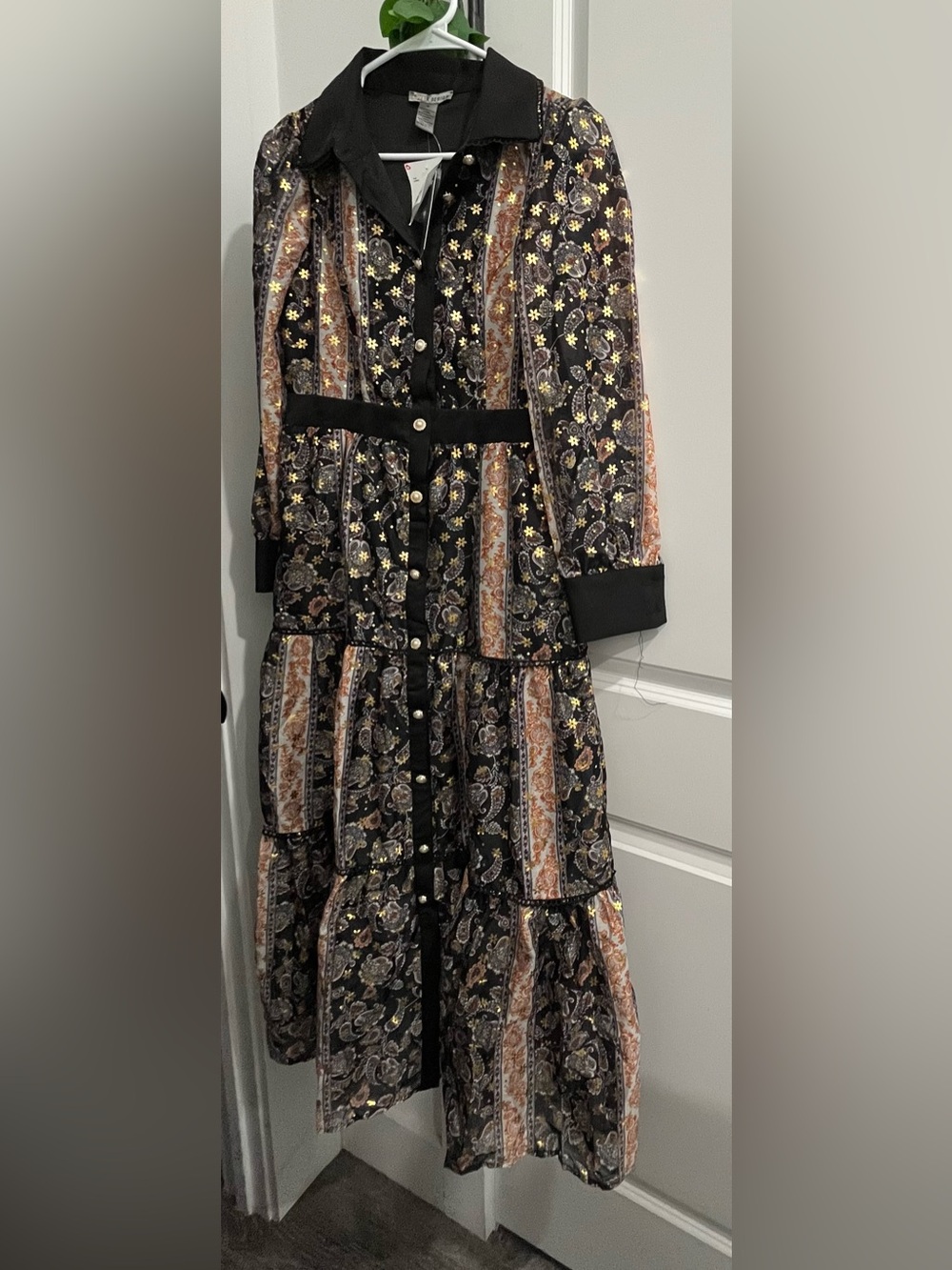 Love X Design Black Paisley Long-Sleeve Tiered Dress with Gold Accent Detail